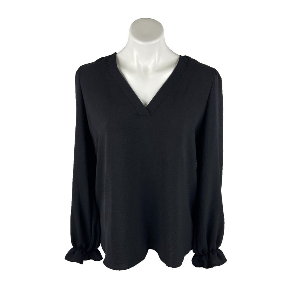 FSL Apparel Women Small Bellingrath Long Sleeve Blouse Black Ruffle Sleeve NWT